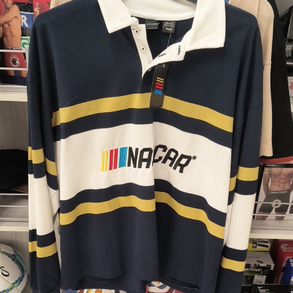 NASCAR Cotton Blend Striped Long Sleeve Polo/Rugby Jersey Size M NWT